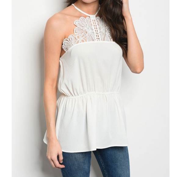 golden threads Tops - White Halter Blouse with Lace Detail